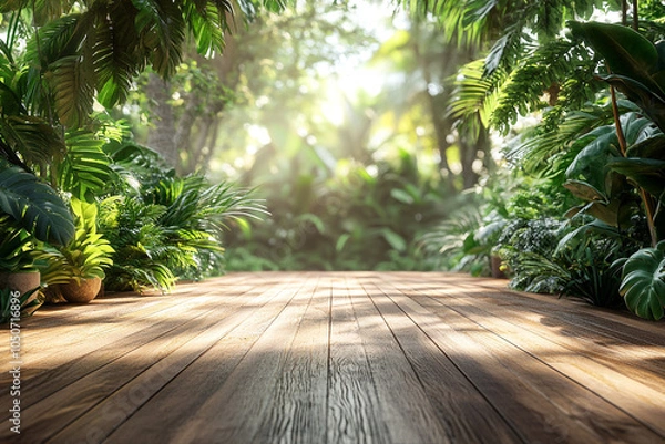 Fototapeta Empty wooden terrace with green wall 3d render,There are wood plank floor with tropical style tree garden background sunlight shine on the tree