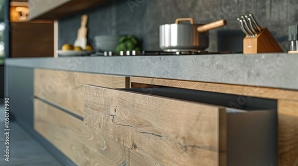Obraz A close-up shot showcasing open kitchen drawers with a contemporary design
