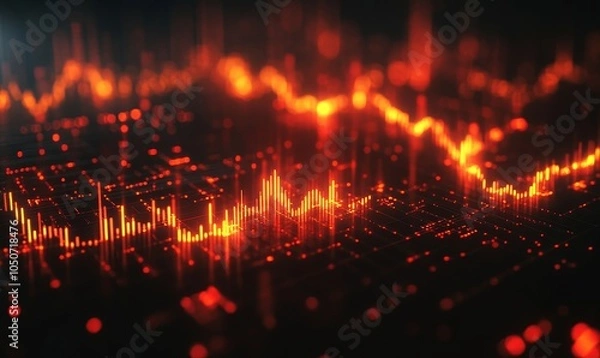 Obraz Abstract Forex Trading Chart with Glowing Red and Orange Lines on Dark Background Depicting Market Trends and Analytics at Night, Illuminated Finance Data Visualization for Investment, Generative AI