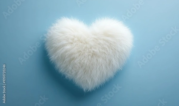 Fototapeta Fluffy White Fur Heart Shape on Baby Blue Minimal Background, Soft Texture, Love and Comfort Theme, Valentine's Day, Romantic Decor, Cozy Feel, Unique, Generative AI