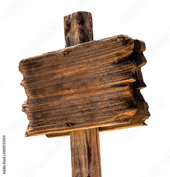 Fototapeta Wooden signboard, guidepost Close up of an empty, very old  arrow road sign with paths isolated on a white background