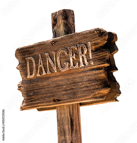 Fototapeta Wooden signboard, guidepost Close up of empty, very old, danger road sign with arrow, isolated on white background