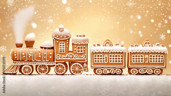 Fototapeta Christmas Gingerbread Train Adorned with Festive Decorations, Journeying Through a Magical Winter Landscape