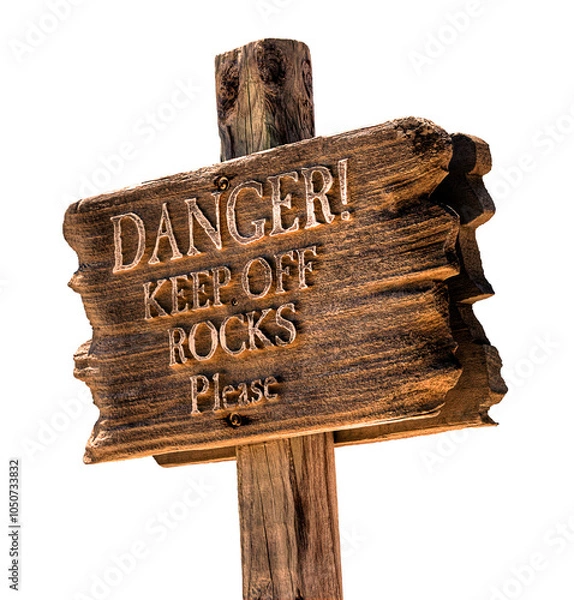 Fototapeta Wooden signboard, guidepost  Close up of empty, signboard sign with arrow to stay away from dangerous rocks with isolated path on white background 