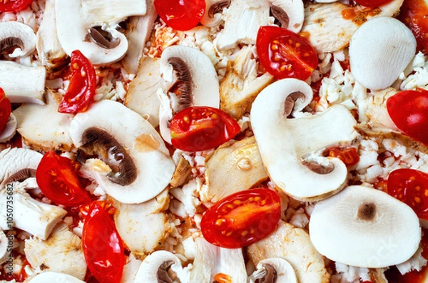 Fototapeta Pizza ingredients close-up, tomatoes, mushrooms, ham