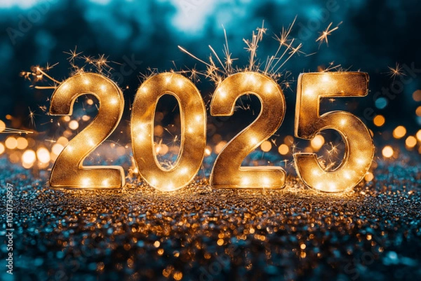 Obraz Shimmering golden numbers celebrate the arrival of the new year 2025 amidst festive bokeh lights. Generative AI