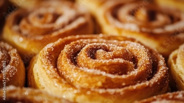 Fototapeta A close-up of Swedish cinnamon bun (kanelbulle) with sugar crystals, fresh from a street food stall, highlighting its swirled, golden-brown crust.