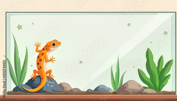Fototapeta Colorful gecko climbing on a rock inside a terrarium with vibrant plants