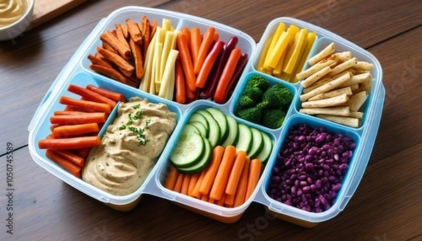 Fototapeta A visually appealing setup of colorful veggie sticks with hummus in meal prep containers, ideal for healthy snacking, Generative AI
