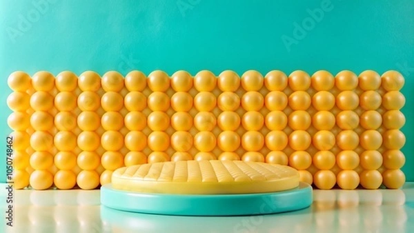 Fototapeta A turquoise and yellow podium in front of a yellow sphere background.