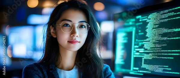 Fototapeta The integration of technology and human expertise in software development is presented by a young Asian woman programmer in front of an LCD screen with code projected