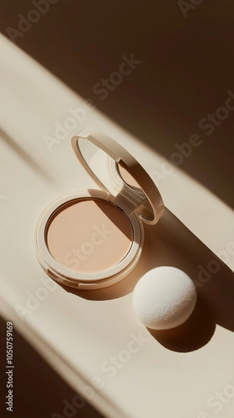 Fototapeta Close-up view of an open compact powder case with loose powder scattered on a light surface, highlighting beauty and makeup essentials