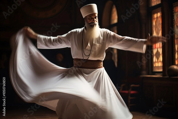 Fototapeta Whirling dervish in traditional white attire in a spiritual ceremony