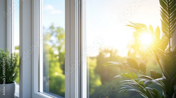 Fototapeta Close-up of modern insulated windows in a home, Double-pane glass with condensation prevention