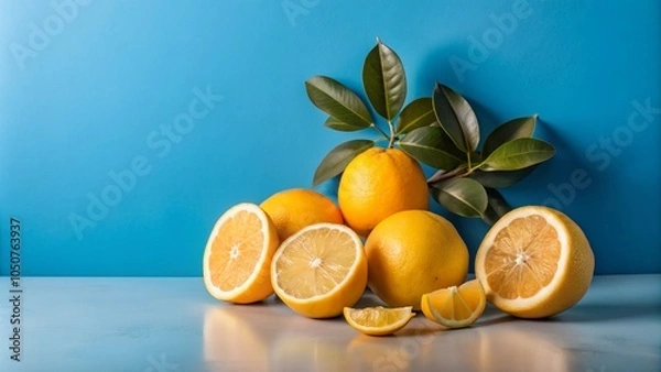 Fototapeta A group of whole and halved lemons and limes with leaves on a white surface against a blue background.