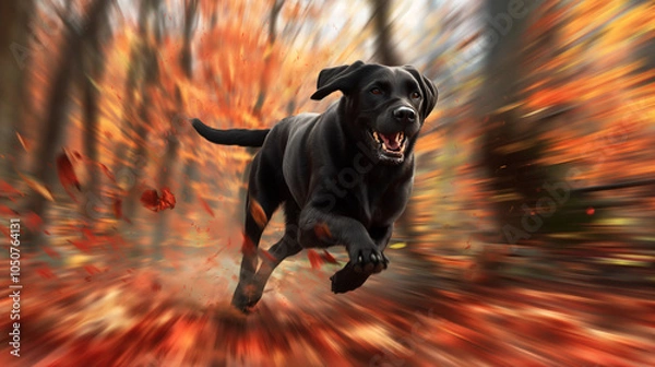 Fototapeta playful black labrador running through a forest during fall