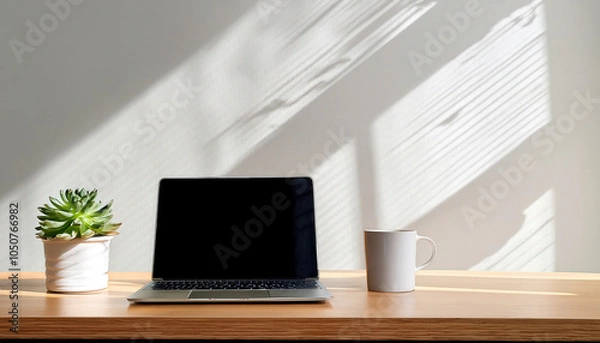 Fototapeta A clean, modern desk setup featuring a sleek laptop, a white coffee cup, and a small potted plant, creating a stylish and inviting workspace.