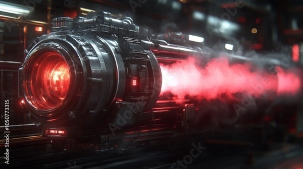 Fototapeta Red-hot steam pours out from industrial refinery pipes, symbolizing the intensity and complexity of modern fuel processing.