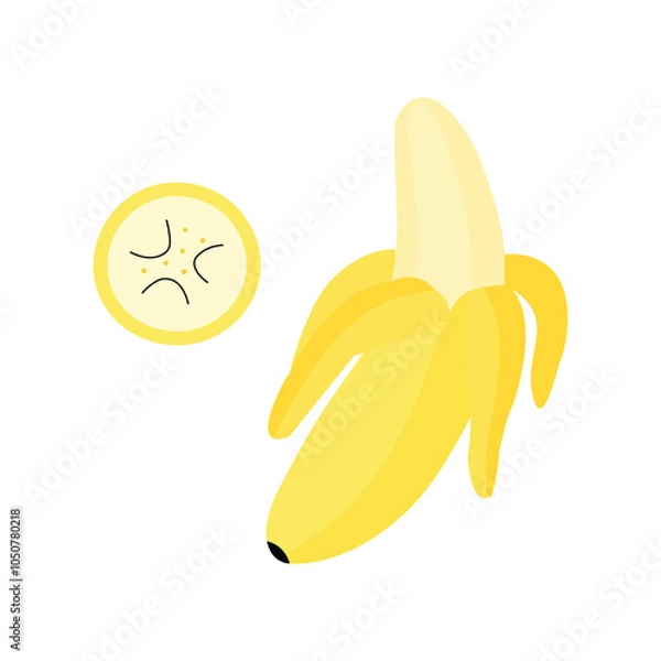 Obraz Illustration of a peeled banana with banana slice, showing details of texture and seeds.