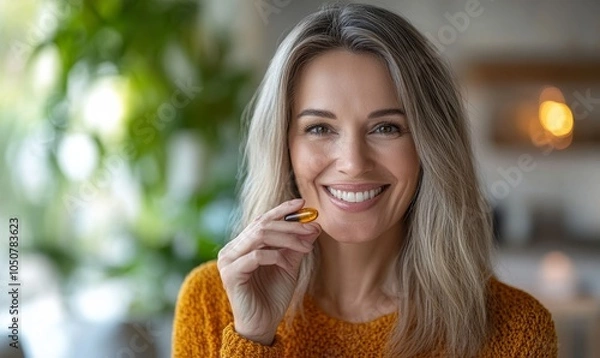 Obraz Happy mature woman holding a capsule of Omega 3 fatty acids, Generative AI
