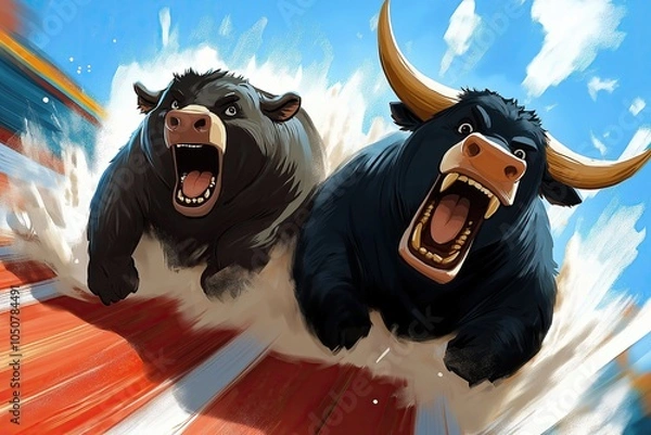Fototapeta animated bear and bull  characters with determined expressions, racing together, showcasing teamwork, strength, and excitement in a thrilling scene