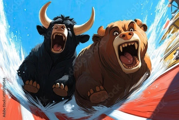 Fototapeta animated bull and bear characters racing side by side with fierce expressions, highlighting competition, strength, and adventure in an action-packed scene