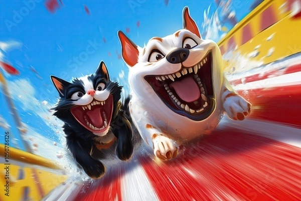 Fototapeta animated cat and dog   characters racing together with joyful expressions, showcasing friendship, adventure, and excitement in an action-packed scene