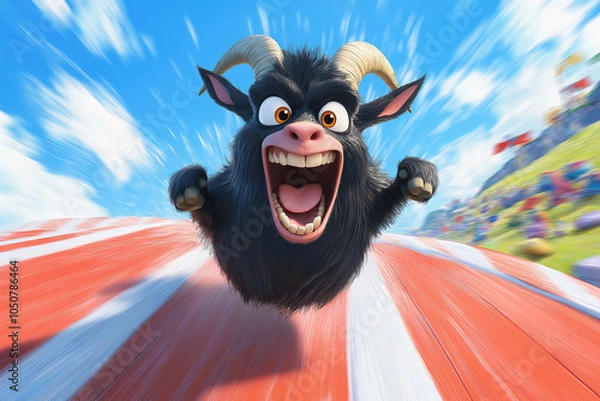 Fototapeta Animated goat character with a wild expression, racing energetically in a fun, action-filled scene, showcasing humor and excitement