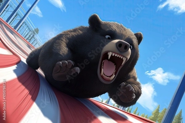 Fototapeta Animated bear character with a fierce expression, racing at high speed, capturing a sense of thrill and animated adventure