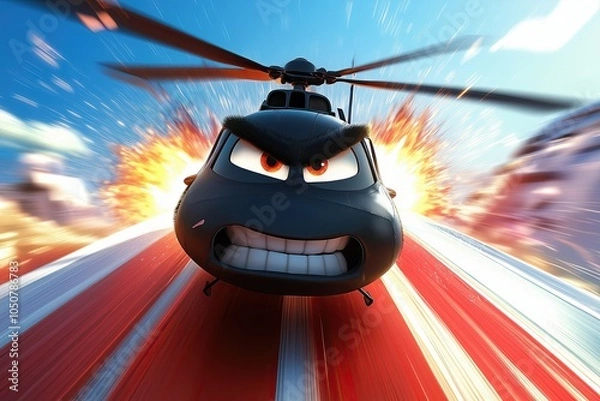 Fototapeta Animated helicopter character with an intense expression, racing through an action-packed scene, showcasing speed and adventure
