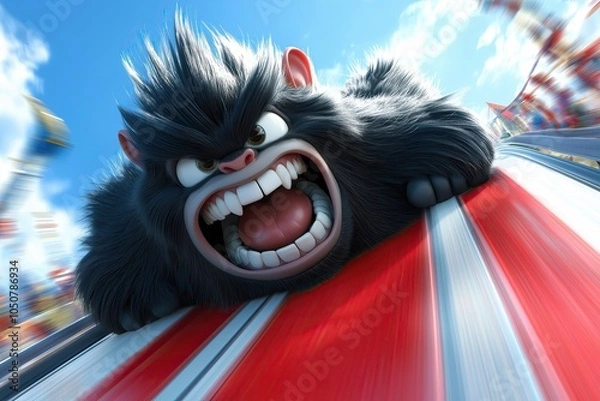 Fototapeta Animated gorilla character with a fierce, determined expression, racing in a high-stakes, action-packed scene, full of energy and excitement