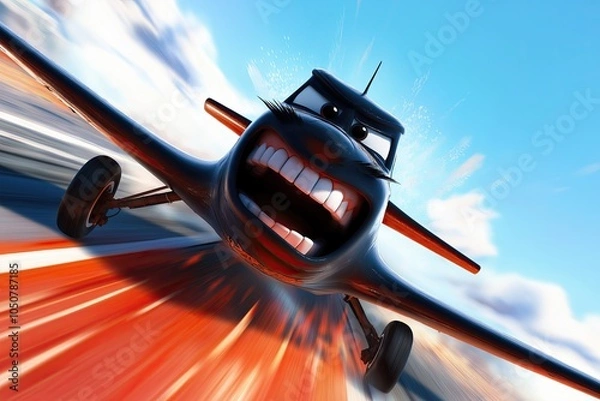 Fototapeta Animated airplane character with a fierce expression, racing through the sky in an action-filled scene, symbolizing speed and adventure
