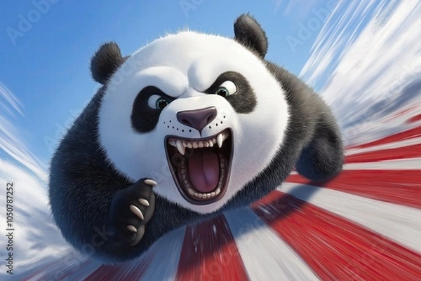 Fototapeta Animated panda character with an open-mouthed, excited expression, racing down a track in a thrilling and humorous scene
