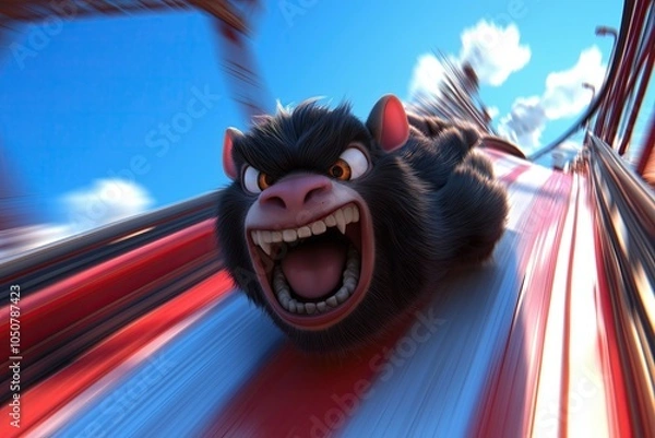 Fototapeta Animated bull character with an intense, fierce expression, racing at high speed in an action-packed scene, showcasing power and excitement