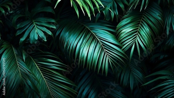 Obraz Dark green palm leaves in the jungle, tropical background, exotic vegetation...
