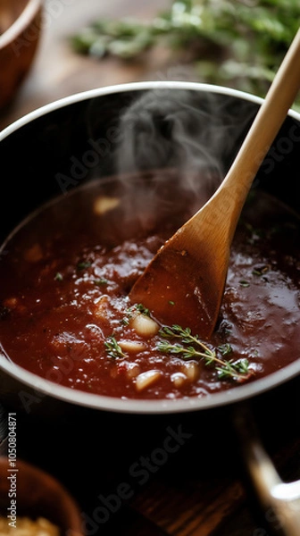 Fototapeta Rich Red Wine Sauce Simmering with Aromatic Ingredients: Gourmet Cooking Close-Ups Featuring Garlic, Shallots, and Fresh Herbs in a Rustic Pan