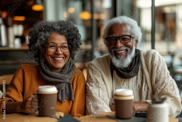 Fototapeta Cheerful senior couple having coffee together in a cafe, Generative AI