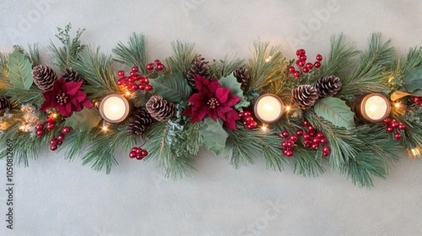 Fototapeta Festive Christmas garland with pine branches, holly leaves, and vibrant red berries on a rustic background.