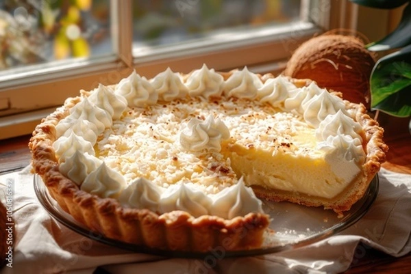 Fototapeta Coconut Cream Pie with Flaky Crust and Whipped Cream