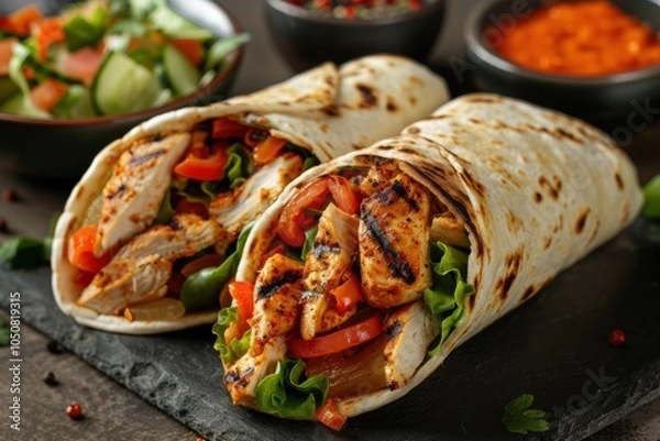 Fototapeta Delicious Chicken Wrap with Grilled Vegetables and Salsa