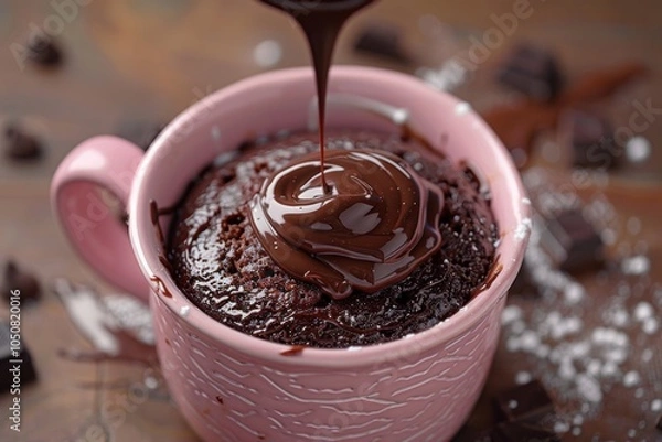 Fototapeta Indulge in a Decadent Chocolate Mug Cake with Drizzled Chocolate Sauce