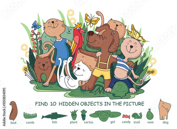 Fototapeta Funny cats and dogs. Find the hidden objects.  Educational puzzle game for kids and adults. Cartoon Sketch Vector illustration