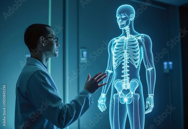 Fototapeta Medical Professional Examining Interactive 3D Holographic Human Skeleton Model in Advanced Healthcare Technology Setting