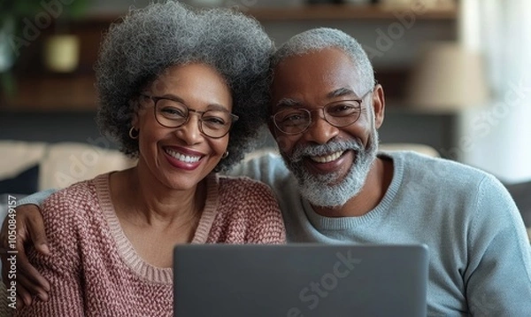 Fototapeta Cheerful senior couple using a laptop together at home, Generative AI