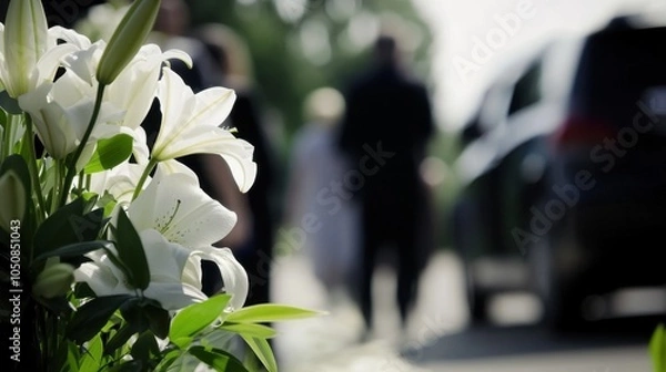 Obraz White lilies at funeral with blurred mourners in background

