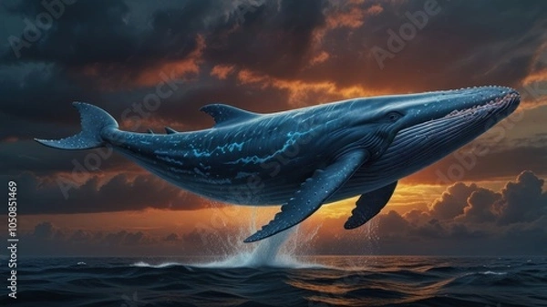Fototapeta A large whale leaps out of the water at sunset, with a dramatic sky behind it.