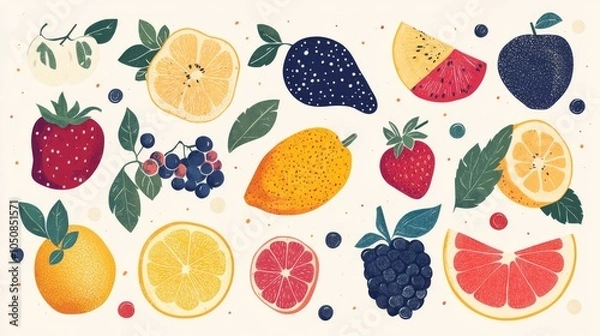Fototapeta Hand-drawn fruits and berries, colorful abstract minimal style, vector illustration