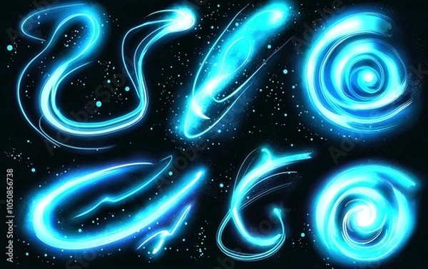 Fototapeta Bright blue glowing swirls and patterns in a dark space, illustrating cosmic movements and energy bursts, creating an ethereal atmosphere