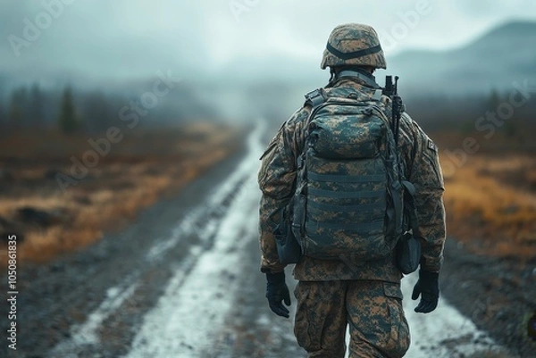Obraz Rearview of a soldier returning home from the army, Generative AI