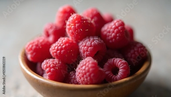 Fototapeta Fresh raspberries in rustic wooden bowl on neutral backdrop
